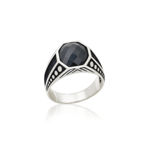 92.5 STERLING SILVER BLACK ONYX HEXAGON GEMSTONE RING FOR MEN