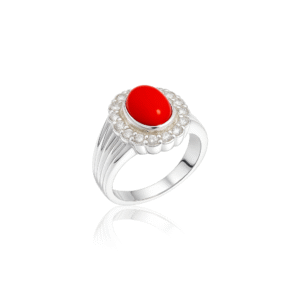 92.5 STERLING SILVER OVAL RED CORAL STONE RING FOR MEN