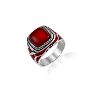 92.5 STERLING SILVER TURKEY SQUARE RED AGATE STONE RING FOR MEN