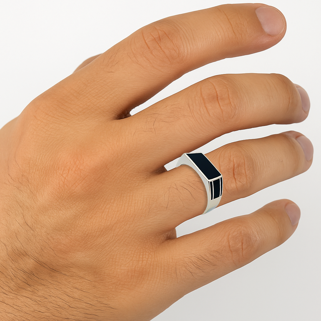 RING 3 92.5 STERLING SILVER TURKEY BLACK ONYX RECTANGULAR RING FOR MEN - Image 3