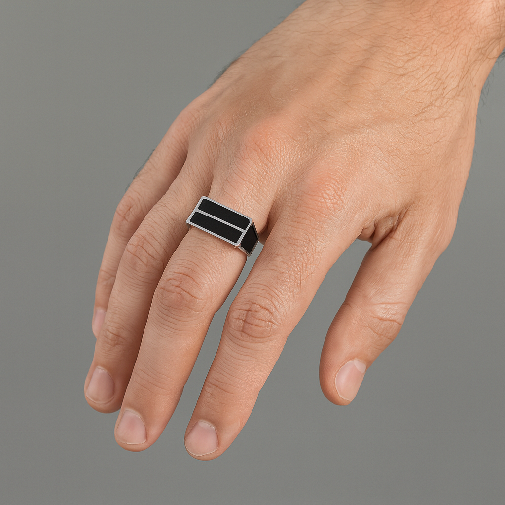 RING 3 92.5 STERLING SILVER TURKEY BLACK ONYX BAR RING FOR MEN - Image 2