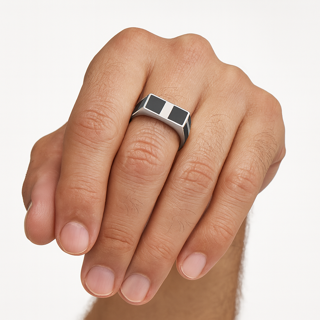 RING 3 92.5 STERLING SILVER TURKEY BLACK ONYX DUAL INLAY RING FOR MEN - Image 2