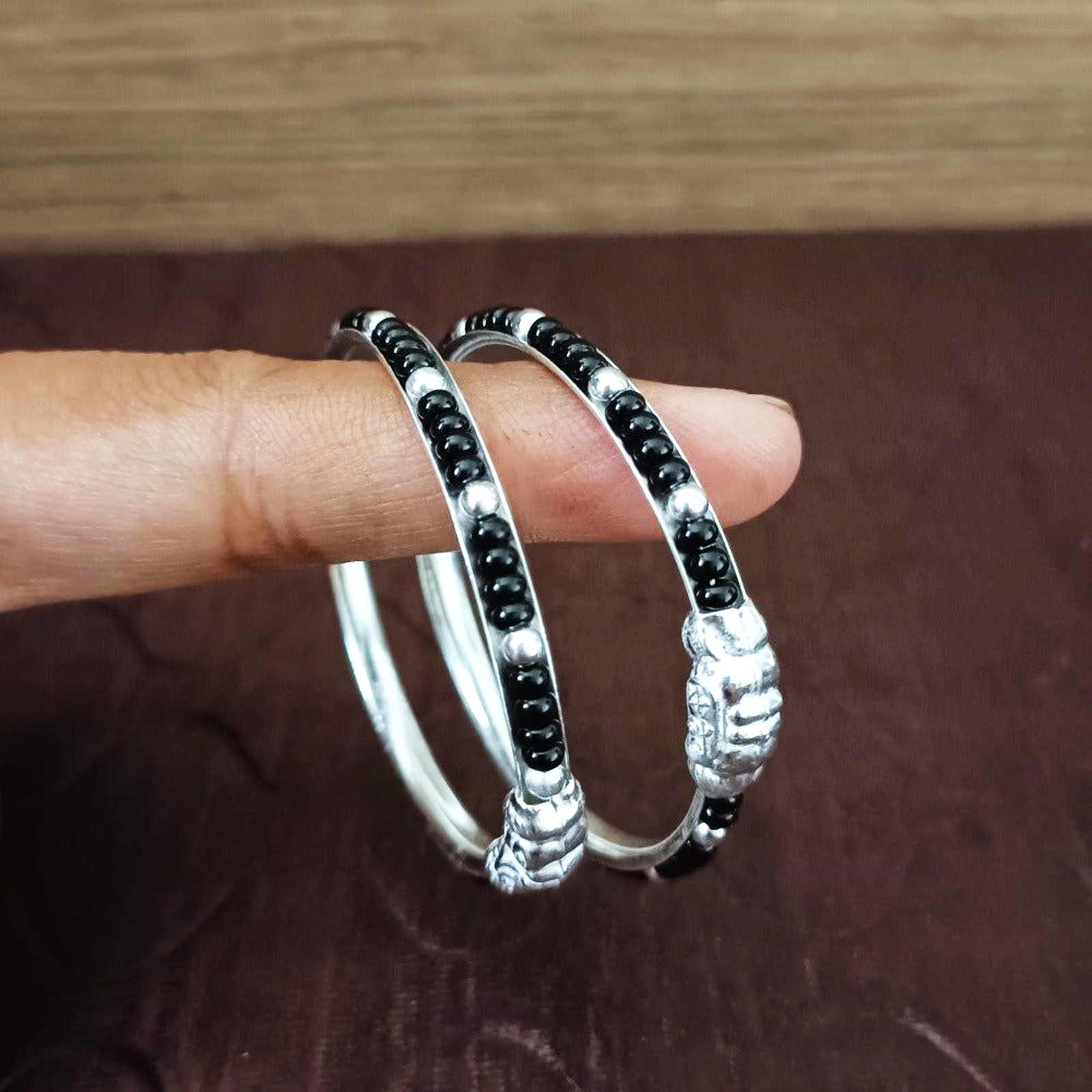 BANGLE 3 SILVER FANCY BLACK BEADED BABY BANGLE FOR KIDS