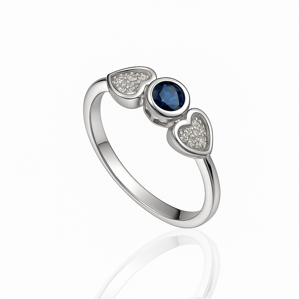 RING 1 92.5 STERLING SILVER FANCY DOUBLE HEART BLUE STONE RING FOR WOMEN