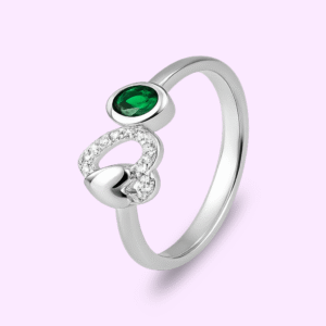 92.5 STERLING SILVER FANCY HEART SIDE VIEW GREEN STONE RING FOR WOMEN