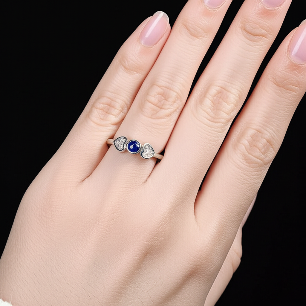 RING 2 92.5 STERLING SILVER FANCY DOUBLE HEART BLUE STONE RING FOR WOMEN - Image 2