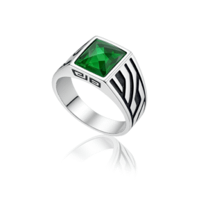 92.5 STERLING SILVER GREEN EMERALD-CUT STATEMENT RING FOR MEN