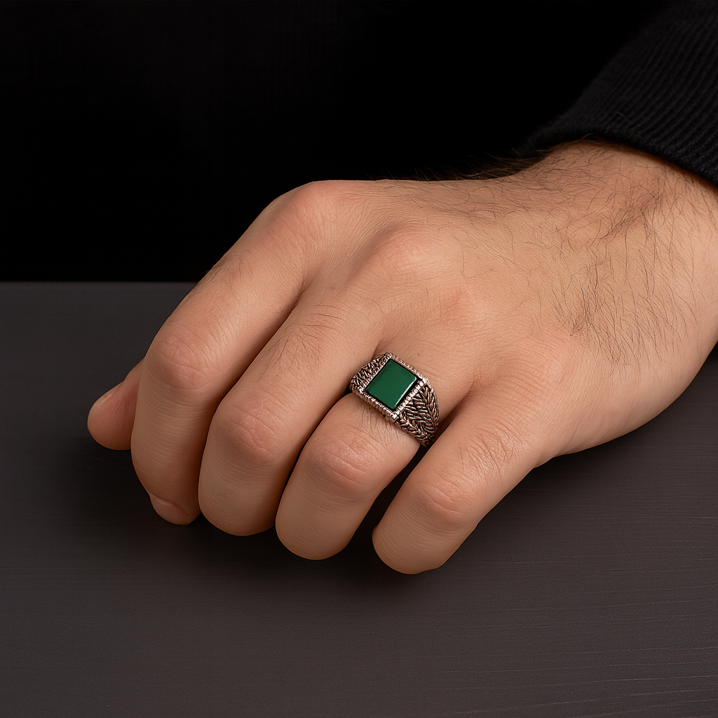 RING 3 92.5 STERLING SILVER GREEN ONYX VINTAGE RING FOR MEN - Image 2