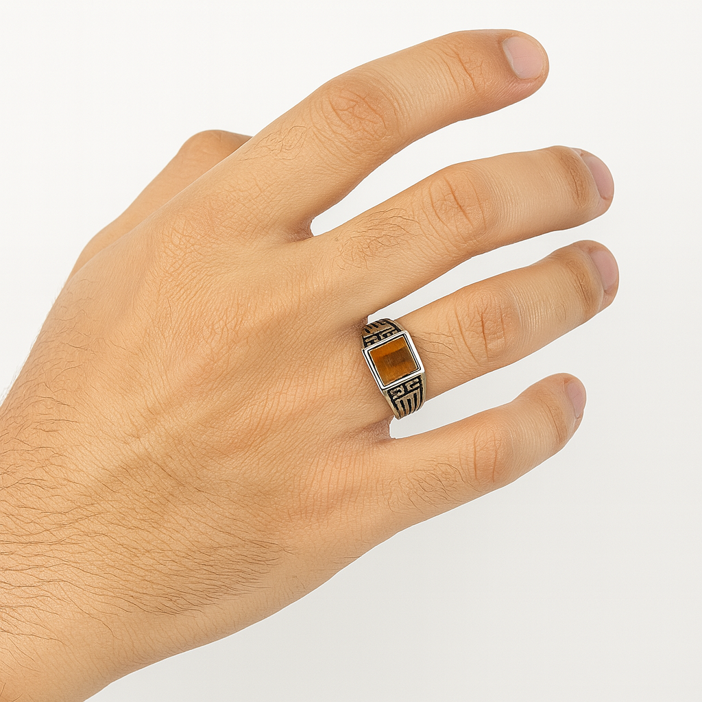RING 3 92.5 STERLING SILVER TIGER EYE GEOMETRIC RING FOR MEN - Image 2