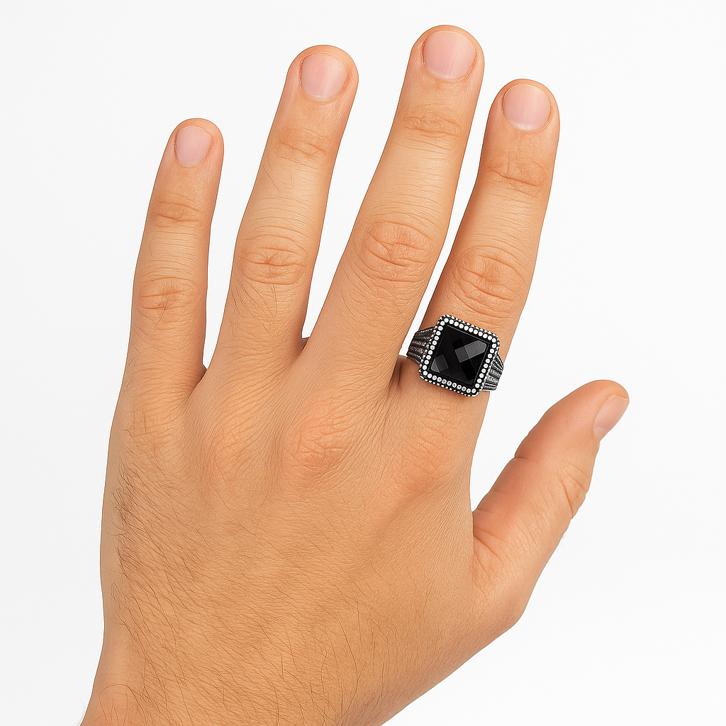 RING 3 92.5 STERLING SILVER BLACK ONYX VINTAGE RING FOR MEN - Image 2