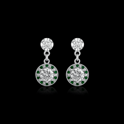 92.5 STERLING SILVER ROUND DROP EARRINGS WITH GREEN & WHITE CZ STONES FOR WOMEN