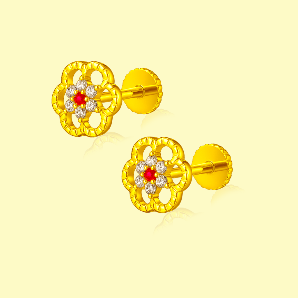 STUD 1 92.5 STERLING SILVER GOLD-PLATED FLORAL CZ STUD EARRINGS FOR WOMEN