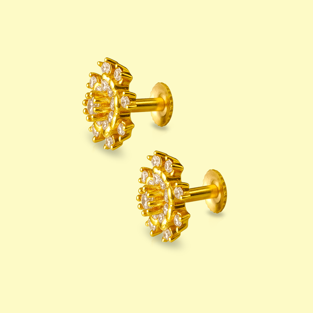 STUD 1 92.5 STERLING SILVER GOLD-PLATED CZ FLORAL STONE STUD EARRINGS FOR WOMEN
