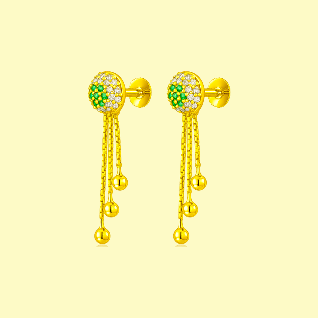 STUD 1 92.5 STERLING SILVER GOLD-PLATED CZ & GREEN STONE DANGLER EARRINGS FOR WOMEN