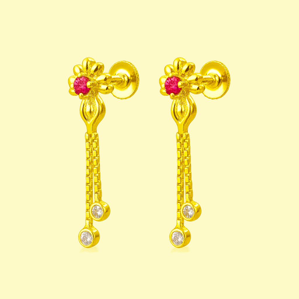 STUD 1 92.5 STERLING SILVER GOLD-PLATED FLORAL DANGLER EARRINGS FOR WOMEN
