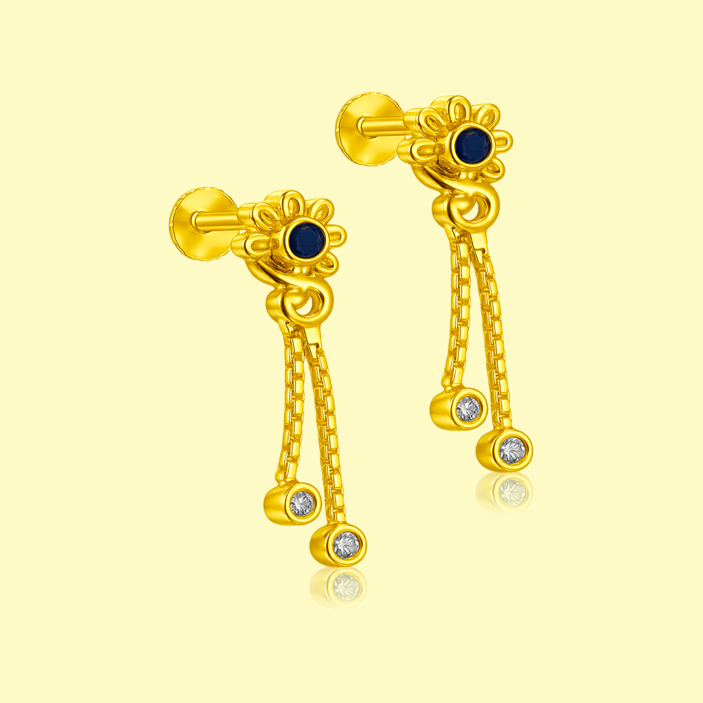 STUD 1 92.5 STERLING SILVER GOLD-PLATED FLORAL DANGLER EARRINGS WITH BLUE STONE FOR WOMEN