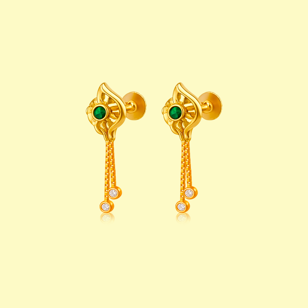 STUD 1 92.5 STERLING SILVER GOLD-PLATED GREEN STONE DANGLER EARRINGS FOR WOMEN