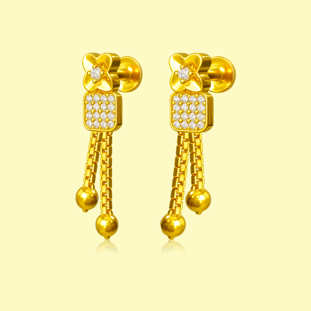 STUD 1 92.5 STERLING SILVER GOLD-PLATED FLORAL CHAIN DROP EARRINGS FOR WOMEN