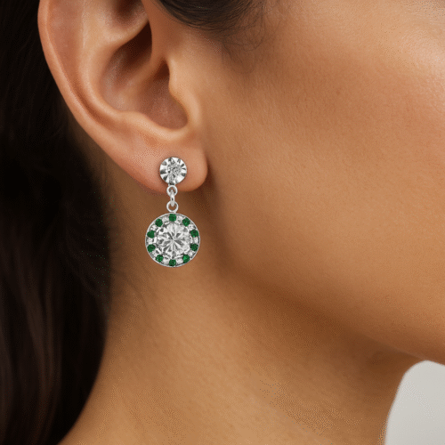 92.5 STERLING SILVER ROUND DROP EARRINGS WITH GREEN & WHITE CZ STONES FOR WOMEN - Image 4