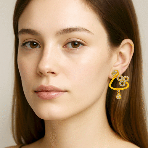 92.5 STERLING SILVER GOLD-PLATED DESIGNER CZ STONE STATEMENT EARRINGS FOR WOMEN - Image 2
