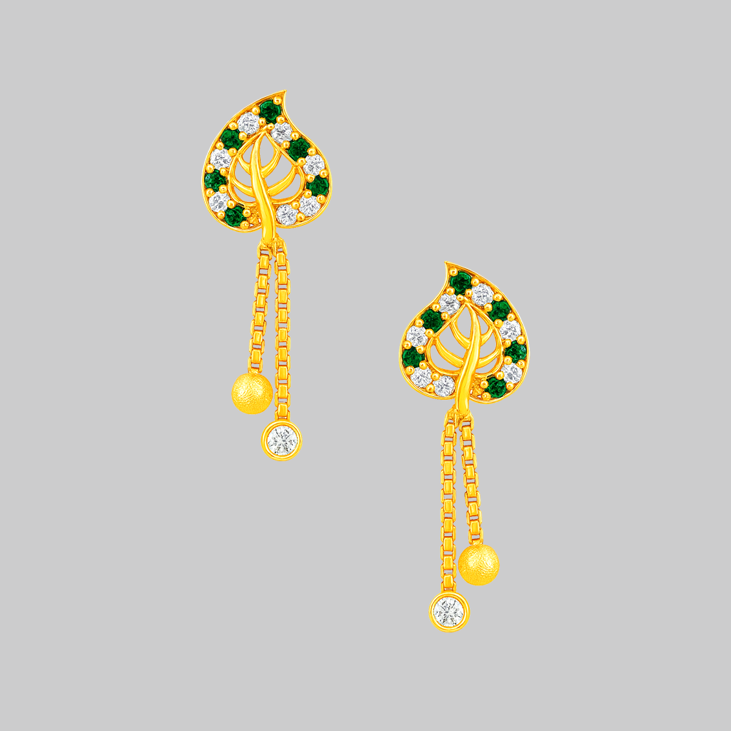 92.5 STERLING SILVER GOLD-PLATED LEAF DANGLER EARRINGS WITH CZ STONES FOR WOMEN