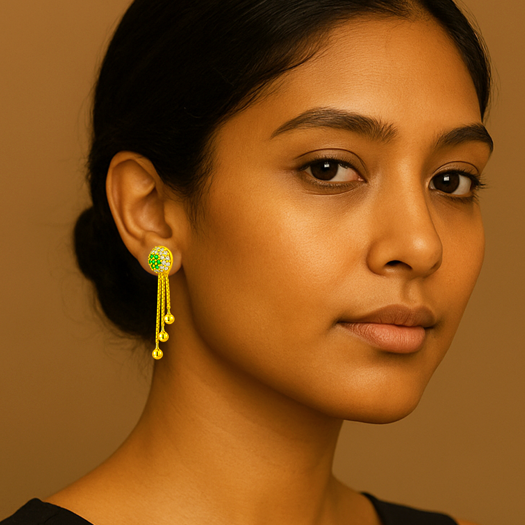 STUD 2 92.5 STERLING SILVER GOLD-PLATED CZ & GREEN STONE DANGLER EARRINGS FOR WOMEN - Image 2