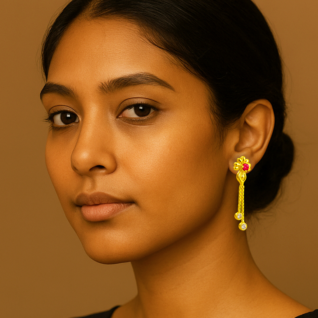 STUD 2 92.5 STERLING SILVER GOLD-PLATED FLORAL DANGLER EARRINGS FOR WOMEN - Image 2