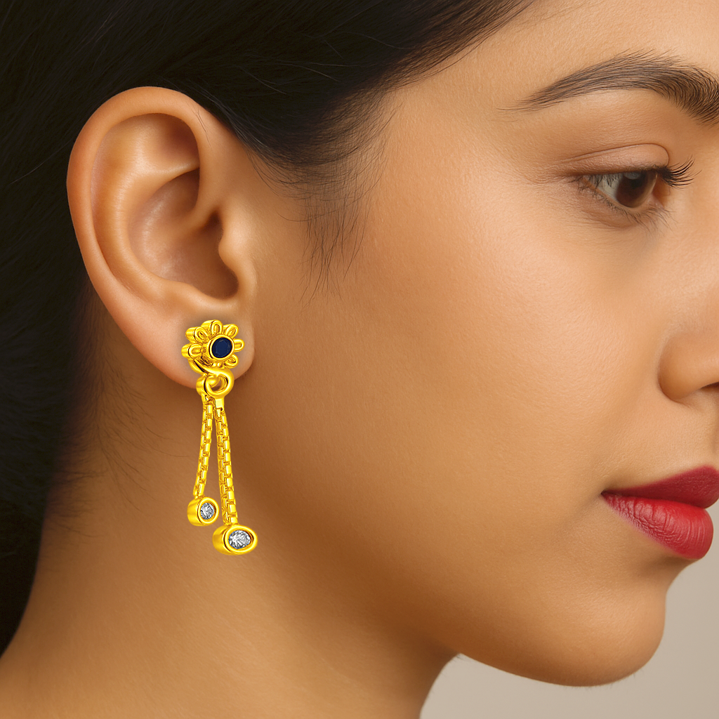 STUD 2 92.5 STERLING SILVER GOLD-PLATED FLORAL DANGLER EARRINGS WITH BLUE STONE FOR WOMEN - Image 2