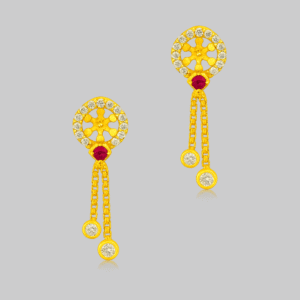 92.5 STERLING SILVER GOLD-PLATED ROUND FLORAL DANGLER EARRINGS WITH CZ STONES FOR WOMEN