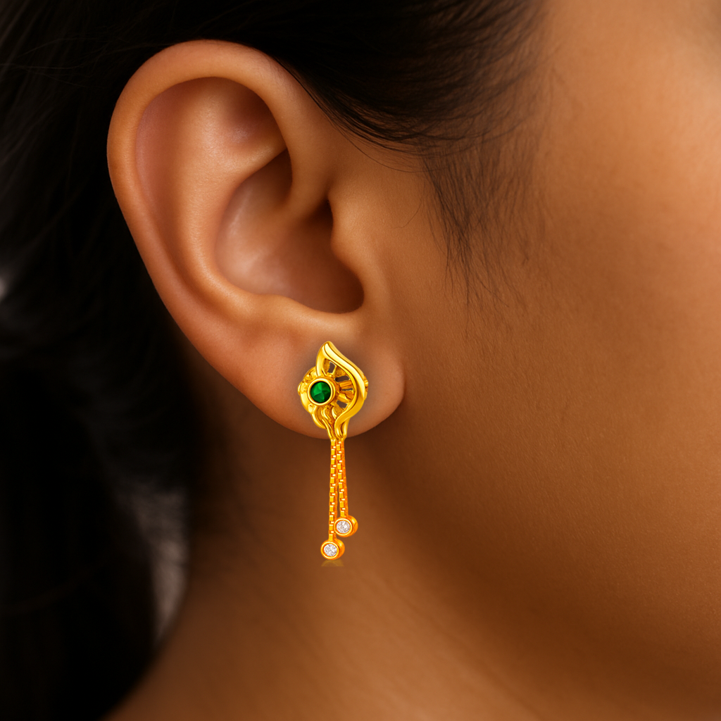 STUD 2 92.5 STERLING SILVER GOLD-PLATED GREEN STONE DANGLER EARRINGS FOR WOMEN - Image 2