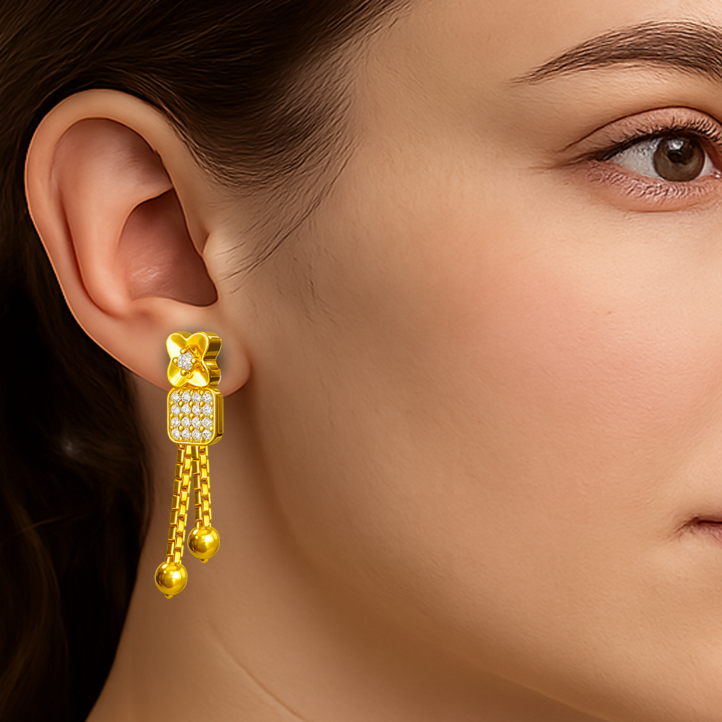 STUD 2 92.5 STERLING SILVER GOLD-PLATED FLORAL CHAIN DROP EARRINGS FOR WOMEN - Image 2