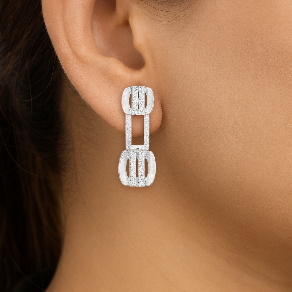 STUD 2 92.5 STERLING SILVER GEOMETRIC LINK EARRINGS WITH CZ STONES FOR WOMEN - Image 2