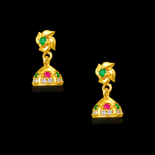 92.5 STERLING SILVER GOLD-PLATED COLORFUL FLORAL JHUMKA EARRINGS FOR GIRLS - Image 3