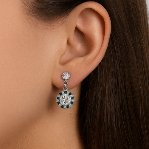 92.5 STERLING SILVER ROUND DROP EARRINGS WITH GREEN & WHITE CZ STONES FOR WOMEN - Image 2