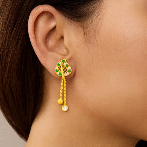 92.5 STERLING SILVER GOLD-PLATED LEAF DANGLER EARRINGS WITH CZ STONES FOR WOMEN - Image 2