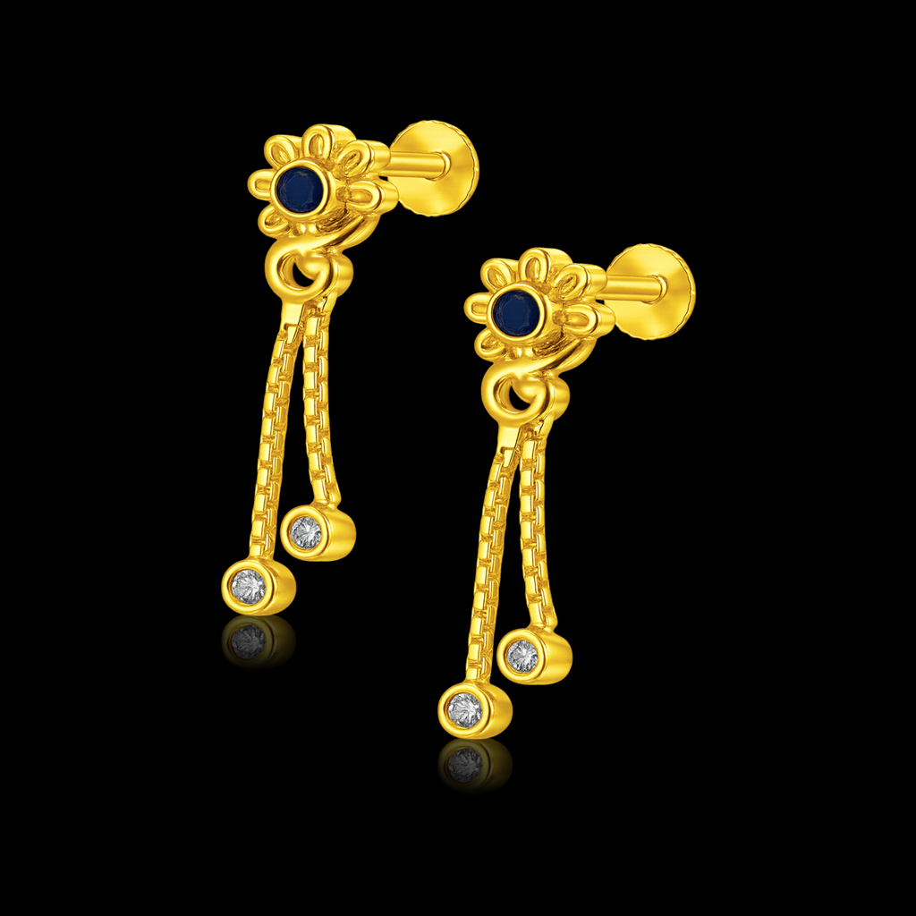 STUD 3 92.5 STERLING SILVER GOLD-PLATED FLORAL DANGLER EARRINGS WITH BLUE STONE FOR WOMEN - Image 3