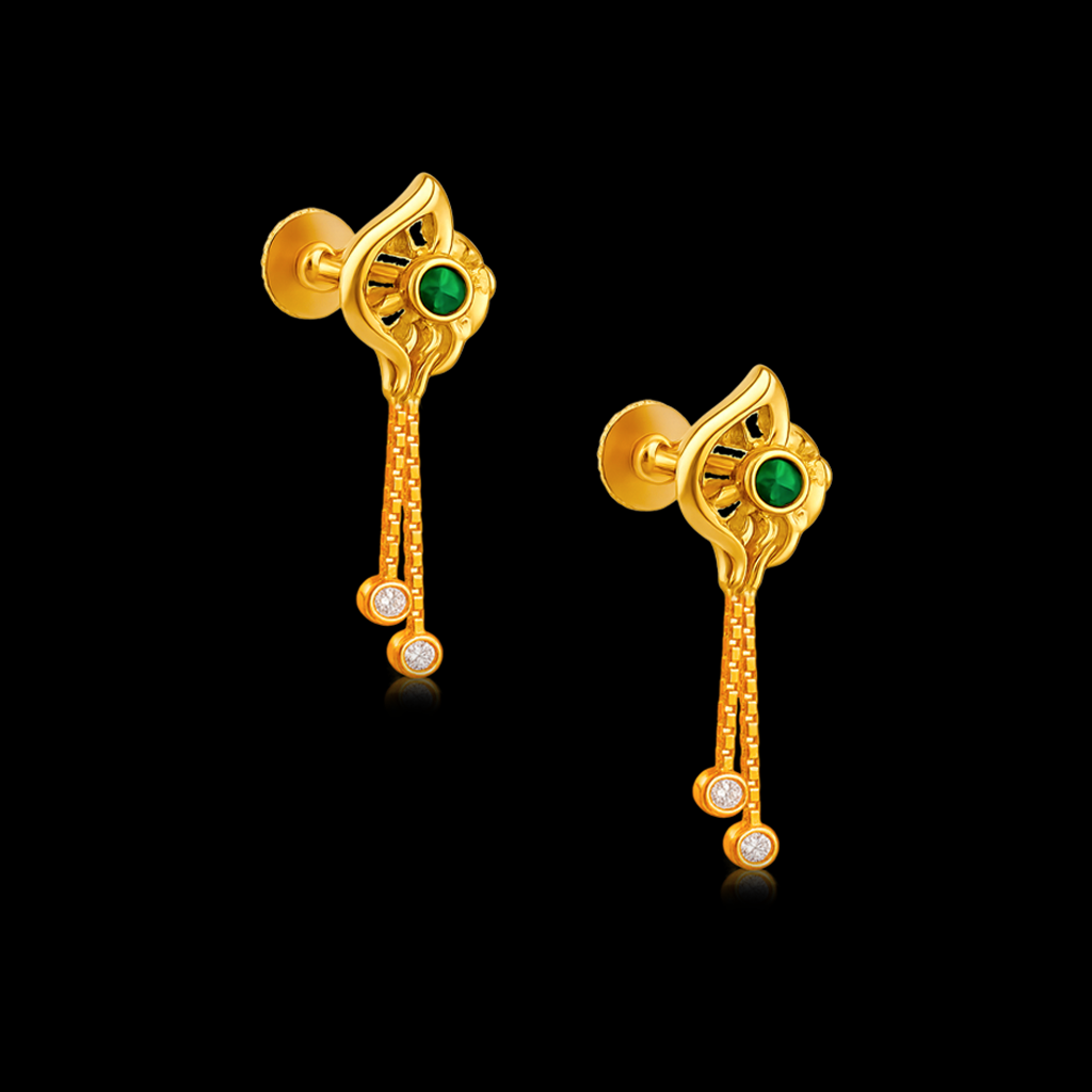 STUD 3 92.5 STERLING SILVER GOLD-PLATED GREEN STONE DANGLER EARRINGS FOR WOMEN - Image 3