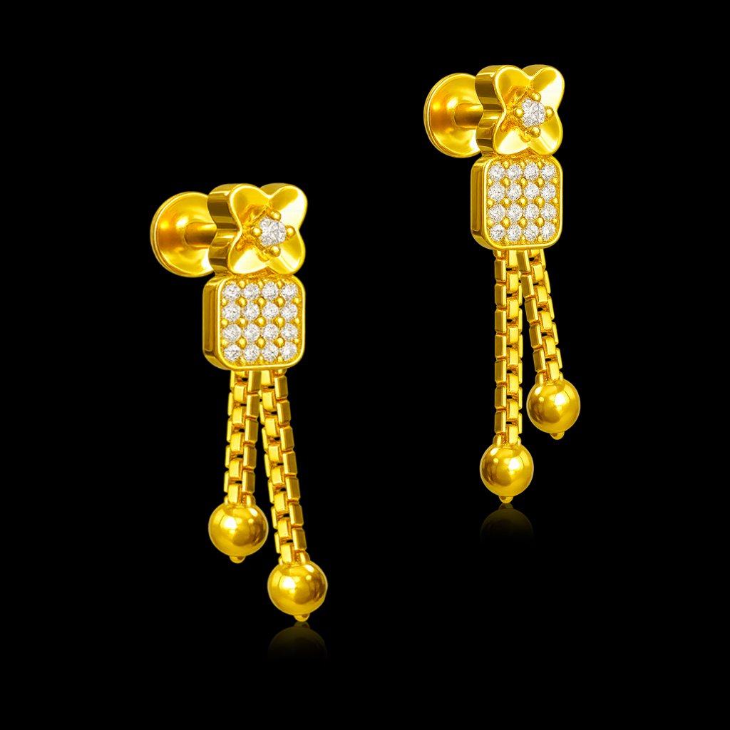 STUD 3 92.5 STERLING SILVER GOLD-PLATED FLORAL CHAIN DROP EARRINGS FOR WOMEN - Image 3