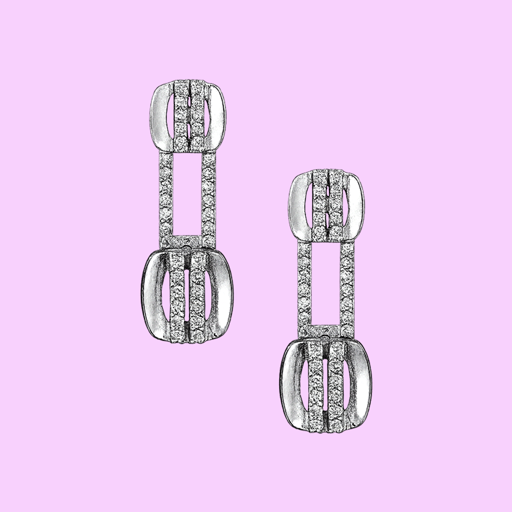 STUD 3 92.5 STERLING SILVER GEOMETRIC LINK EARRINGS WITH CZ STONES FOR WOMEN