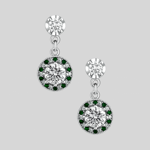 92.5 STERLING SILVER ROUND DROP EARRINGS WITH GREEN & WHITE CZ STONES FOR WOMEN - Image 3