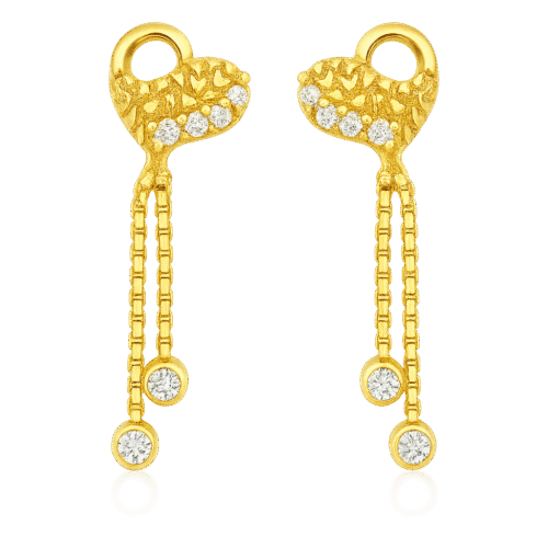 92.5 STERLING SILVER GOLD-PLATED HEART DANGLER EARRINGS WITH CZ STONES FOR WOMEN
